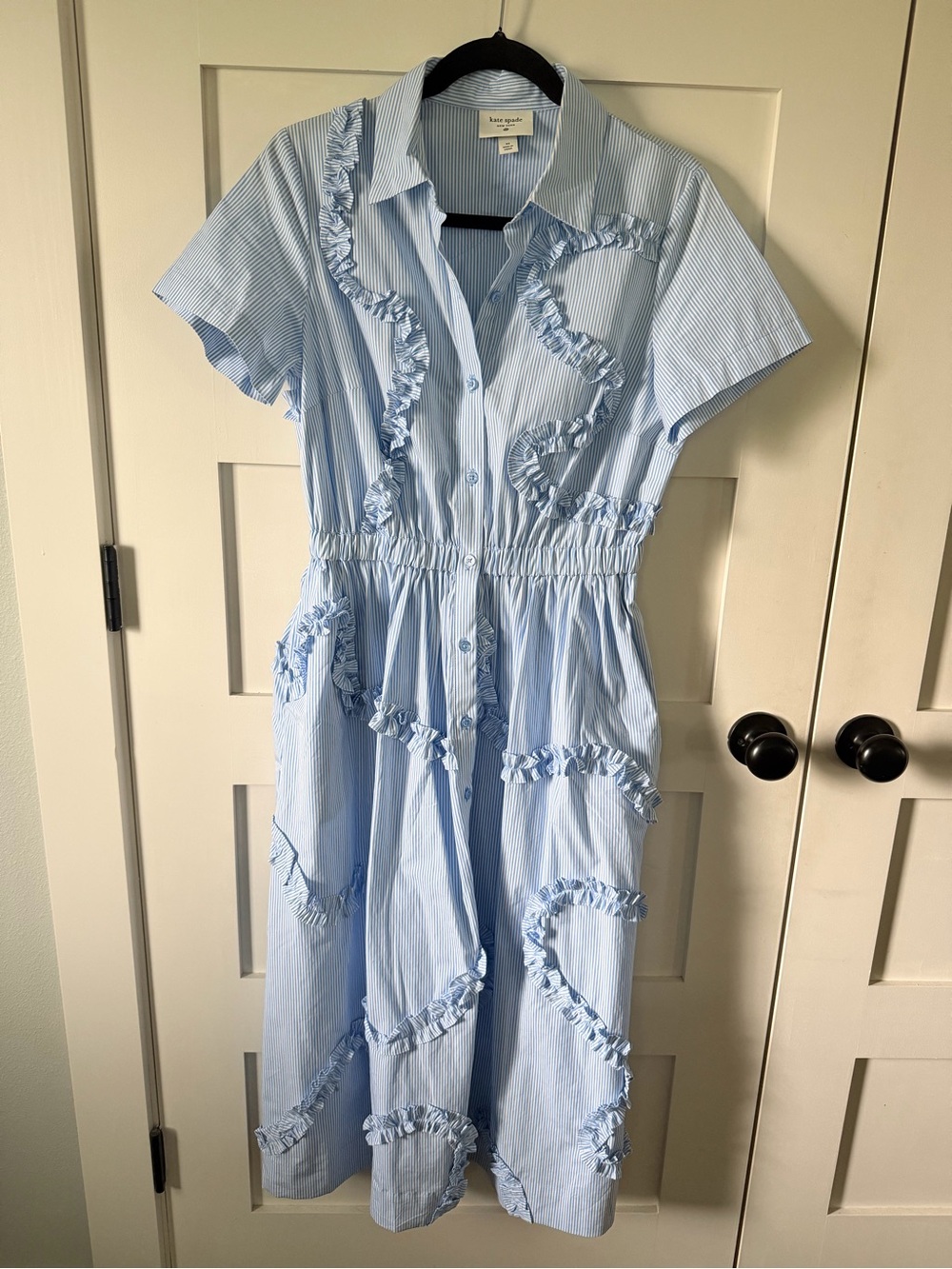 kate spade Light Blue Striped Ruffle-Trim Midi Shirt Dress